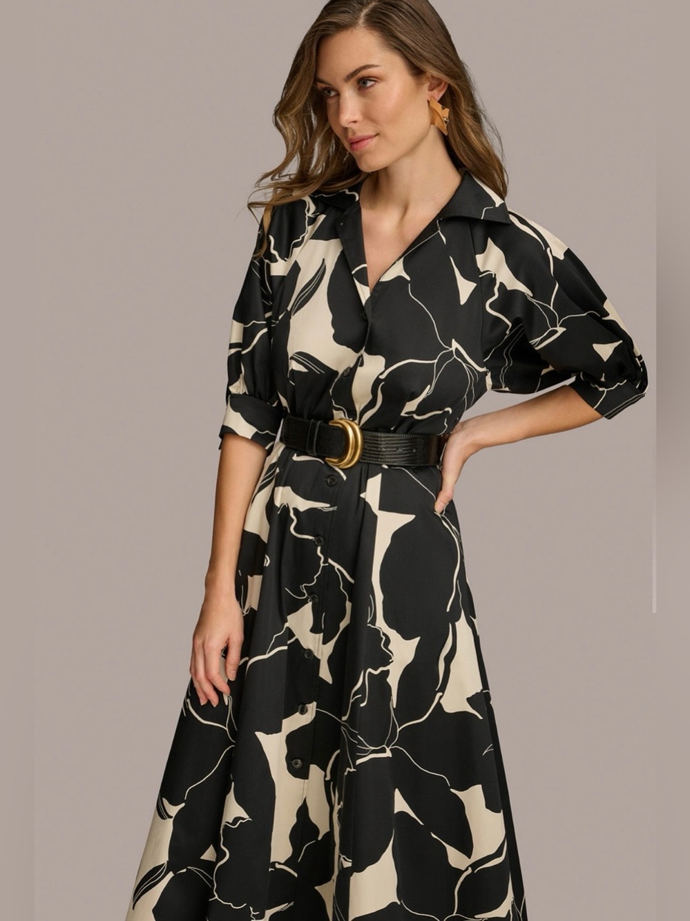 Donna Karan New York Black and Cream Floral Midi Shirt Dress with Belt - Picture 2 of 5